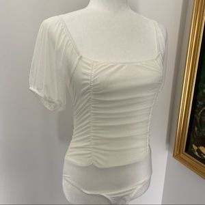 NWT WHITE MESH RUCHED BODYSUIT / SIZE XS